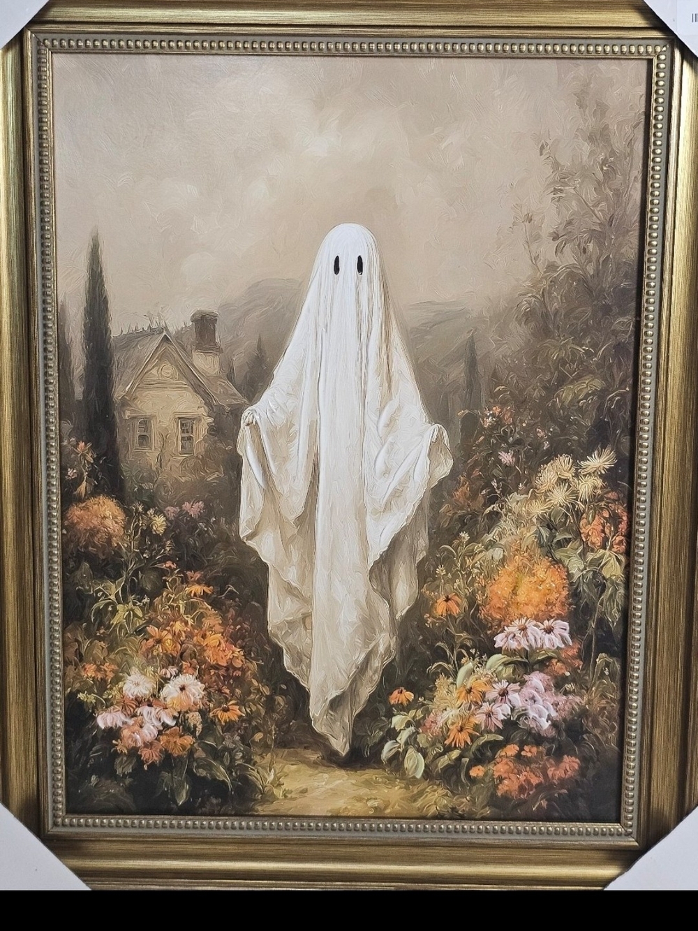 Framed White Ghost in Garden Wall Art Print Halloween 20x16
